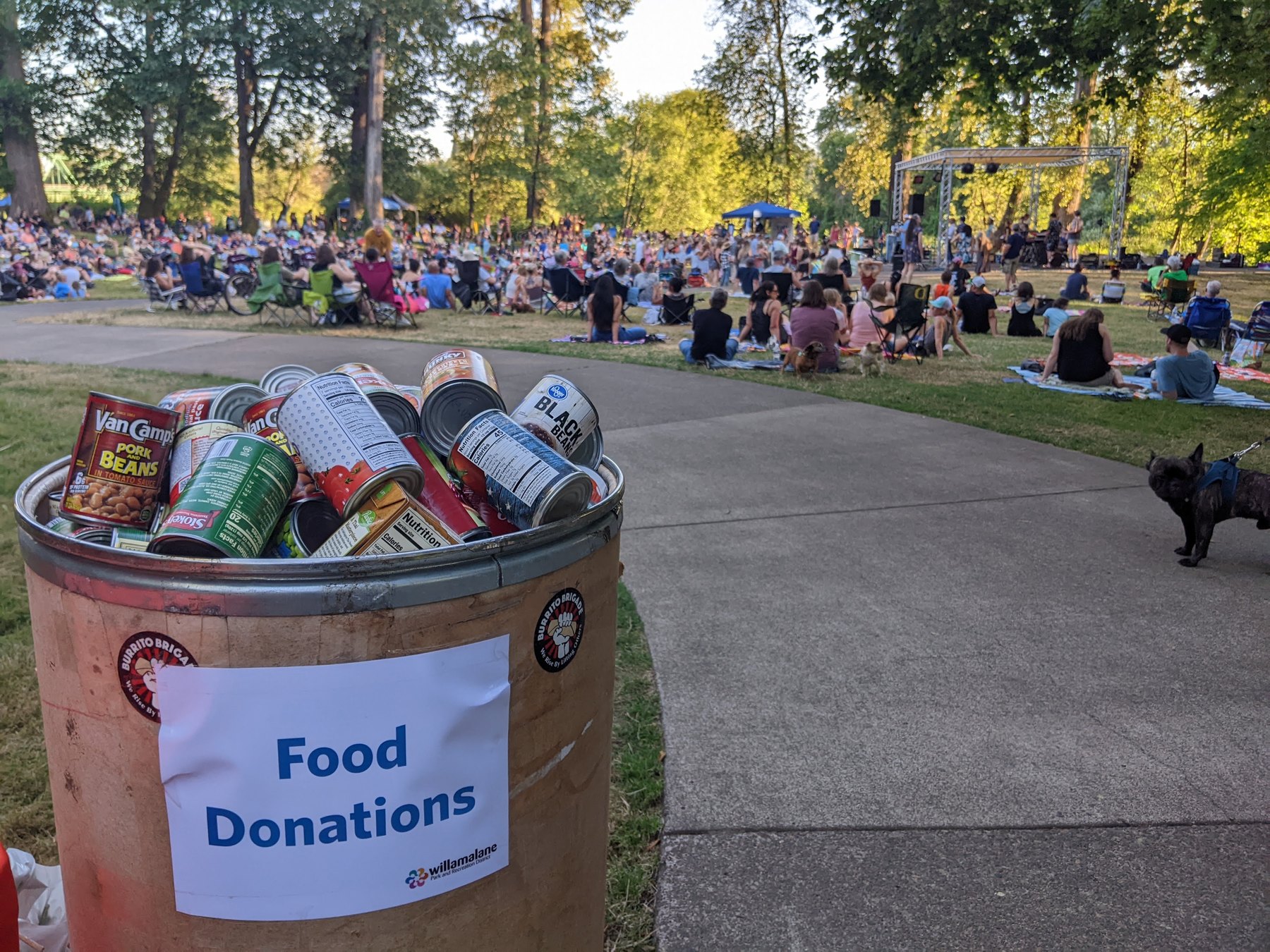 A food donation bin is full of canned food at an outdoor concert event