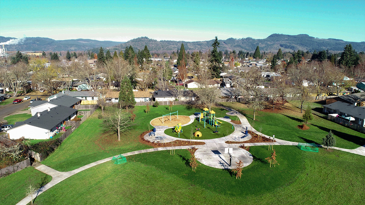 An overhead view of Bluebelle Park with the city of Springfield visible in the background
