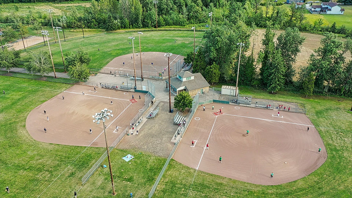 Overhead view of softball fields while games are happening at Bob Artz Park
