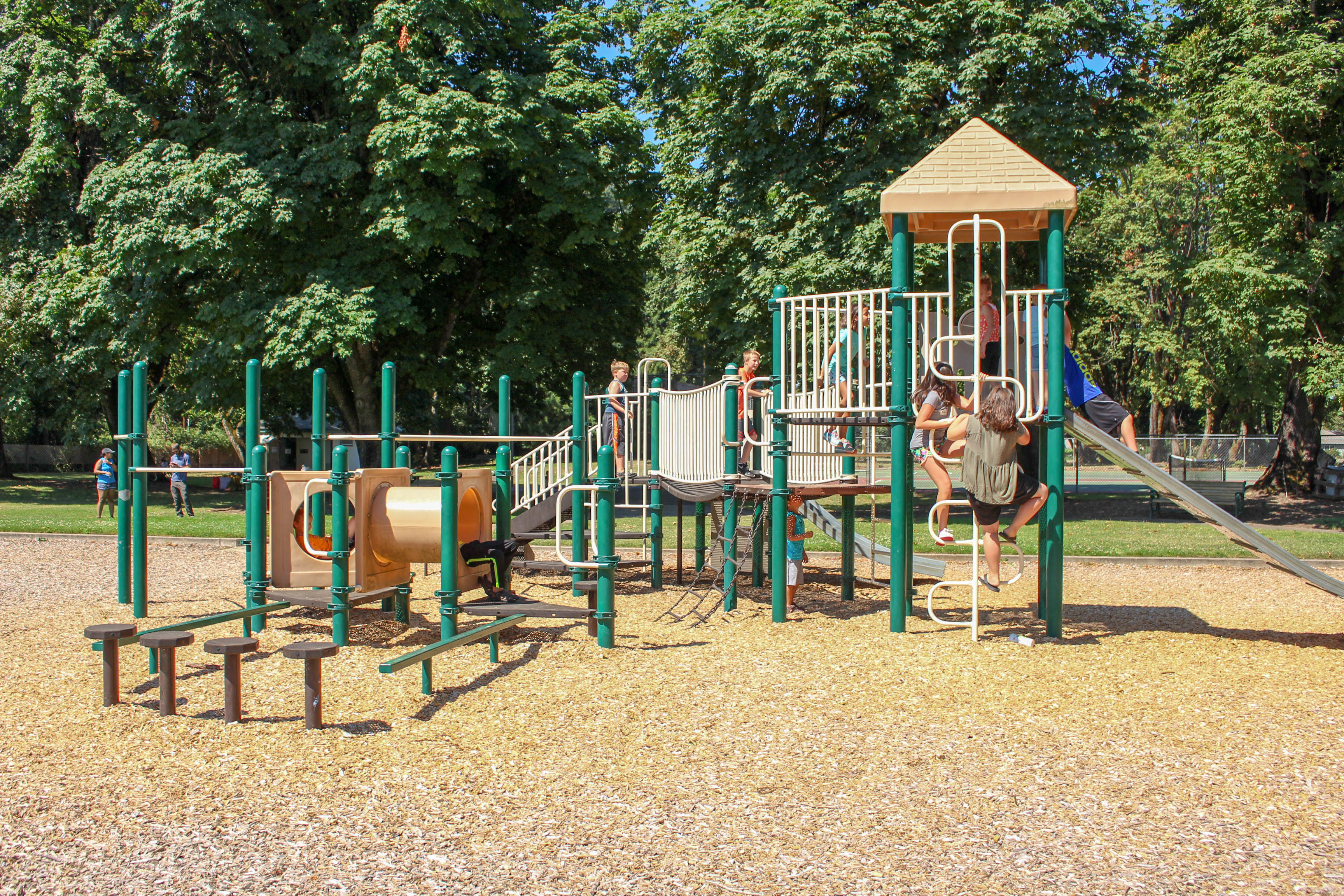 Medium sized play structure with kids climbing