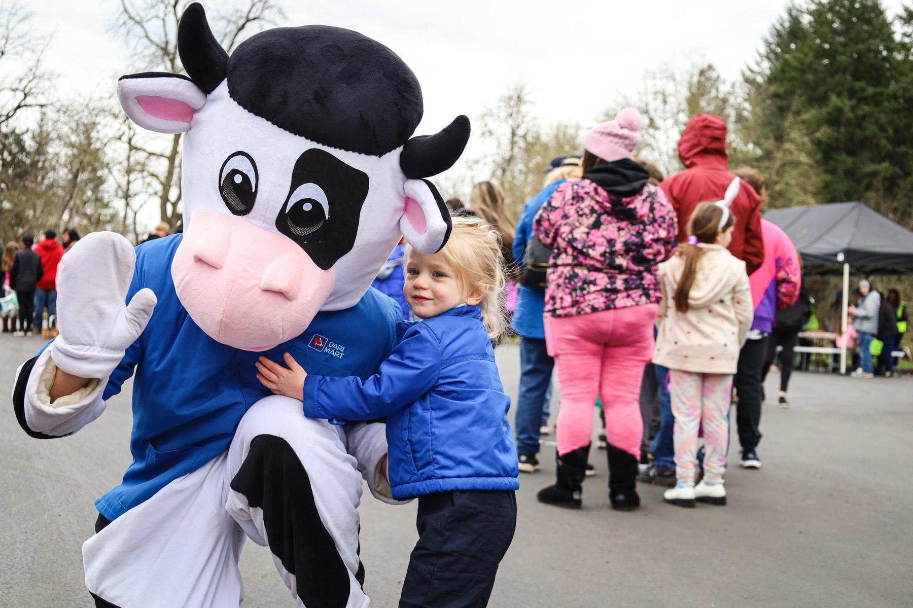 Marti the cow from Dari Mart poses with a young child at Megga Hunt