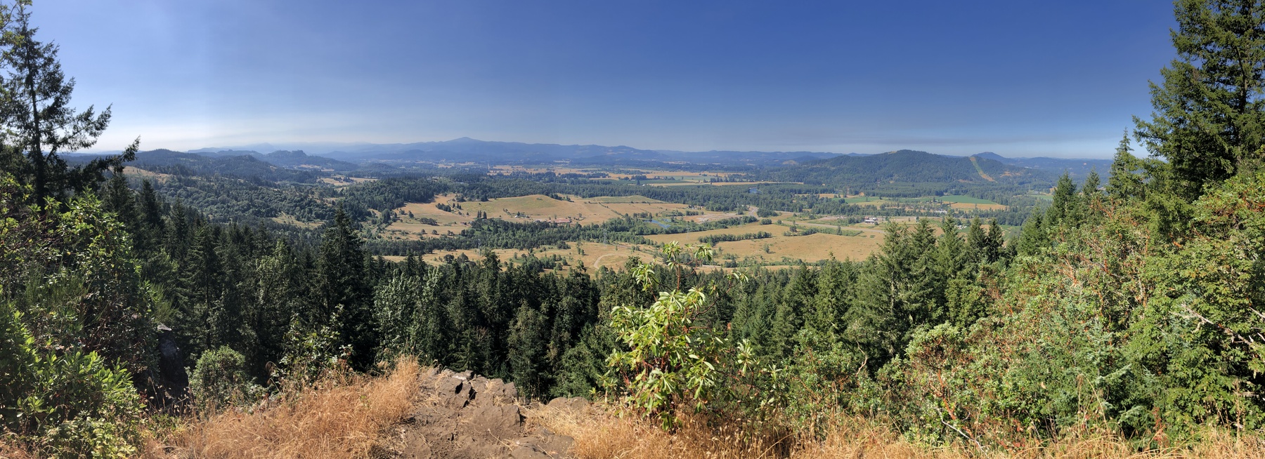 Viewpoint from top of Thurston Hills overlooking fields, trees, and mountains in the distance