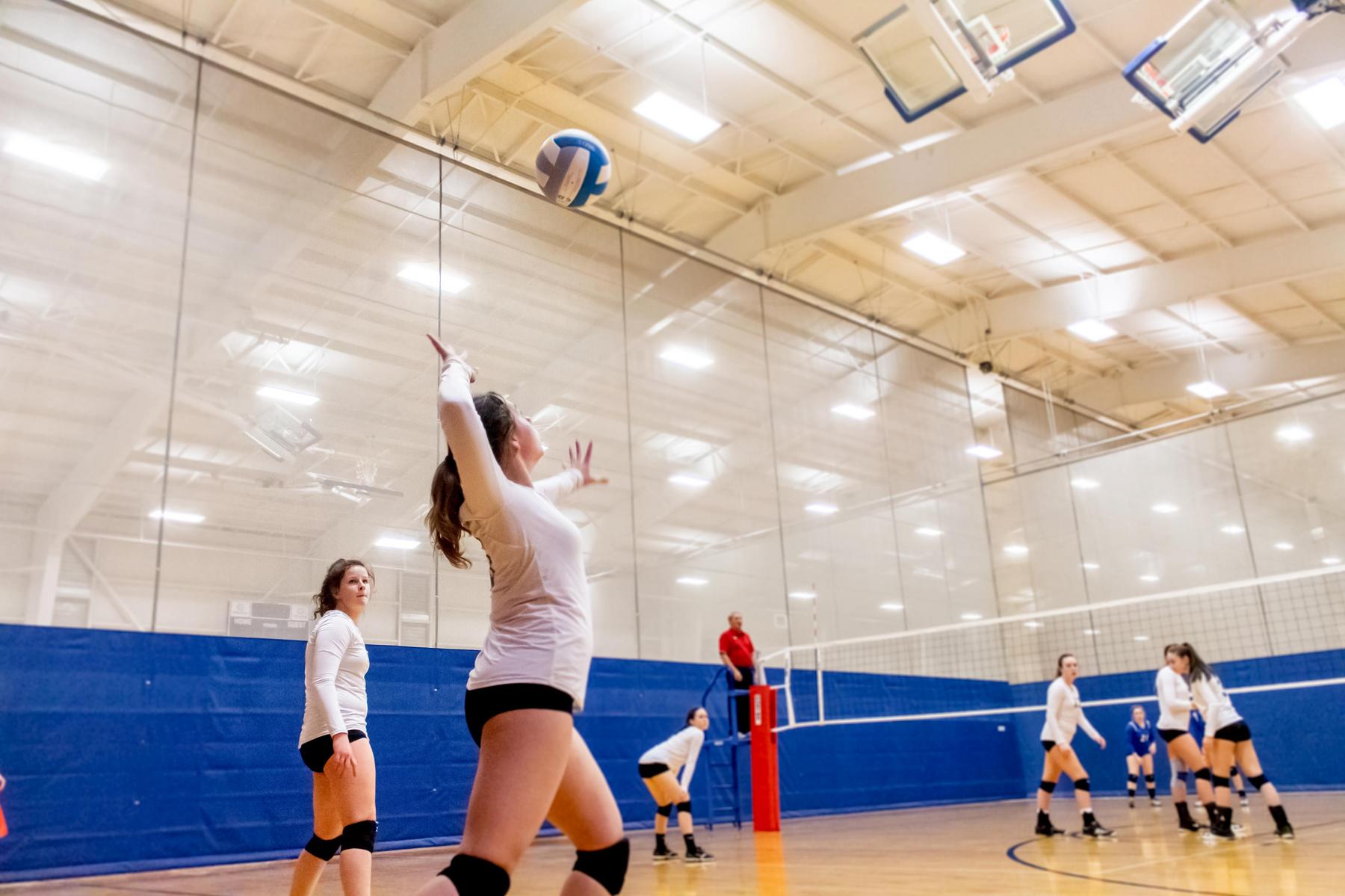 Team plays indoor volleyball on an indoor well-lit wood court