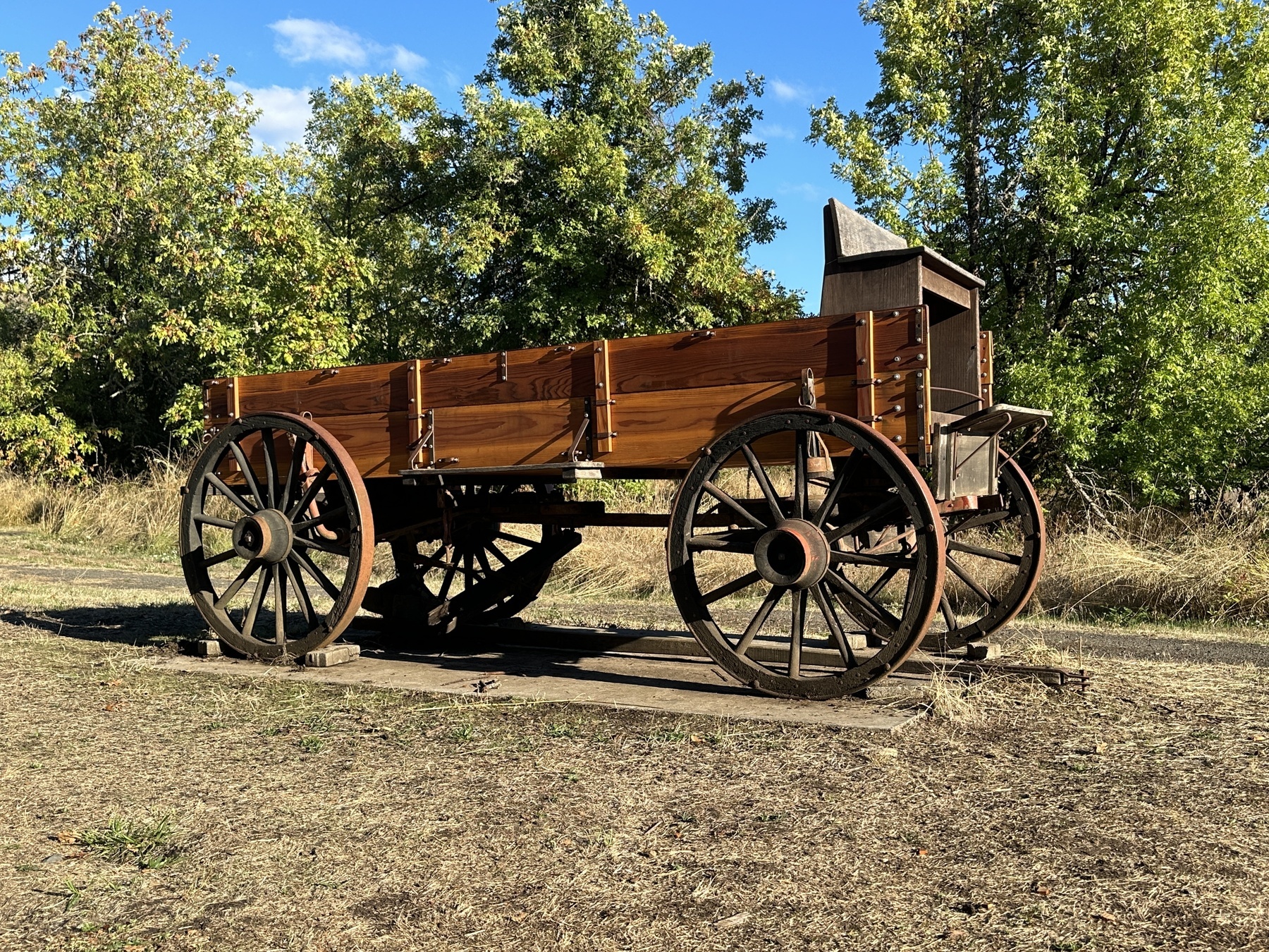 A replica wagon sits at Dorris Ranch in the living history village
