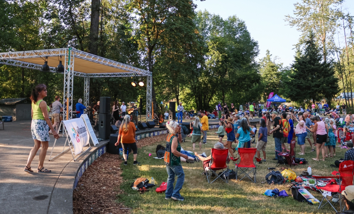 A group of people sit and stand on green grass in front of a large stage with a band playing music.