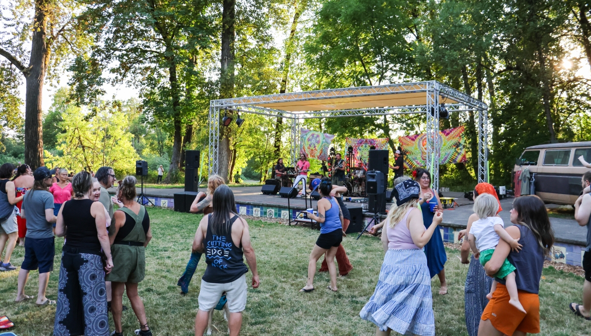 A group of people sit and stand on green grass in front of a large stage with a band playing music.