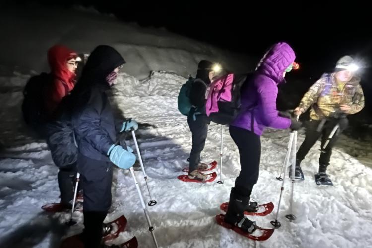 people snowshoeing in the dark