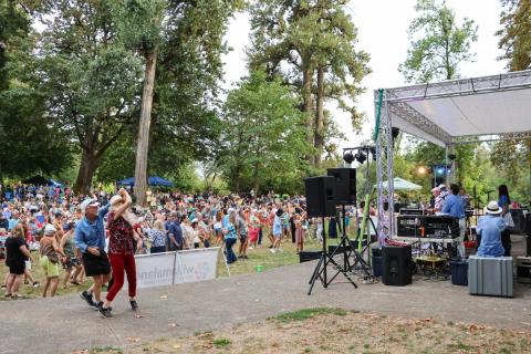 People standing together in front of an outdoor concert stage.