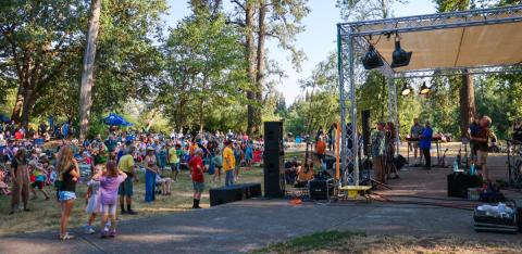A group of people sit and stand on green grass in front of a large stage with a band playing music.