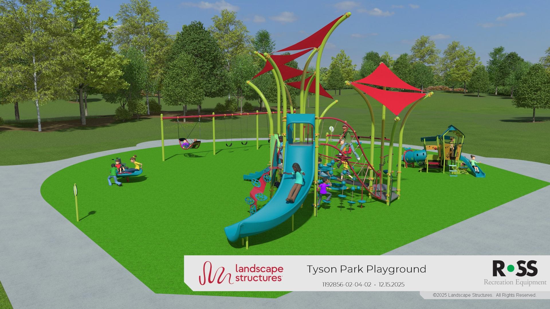 A digitally rendered image of a playground with a slide and other features.