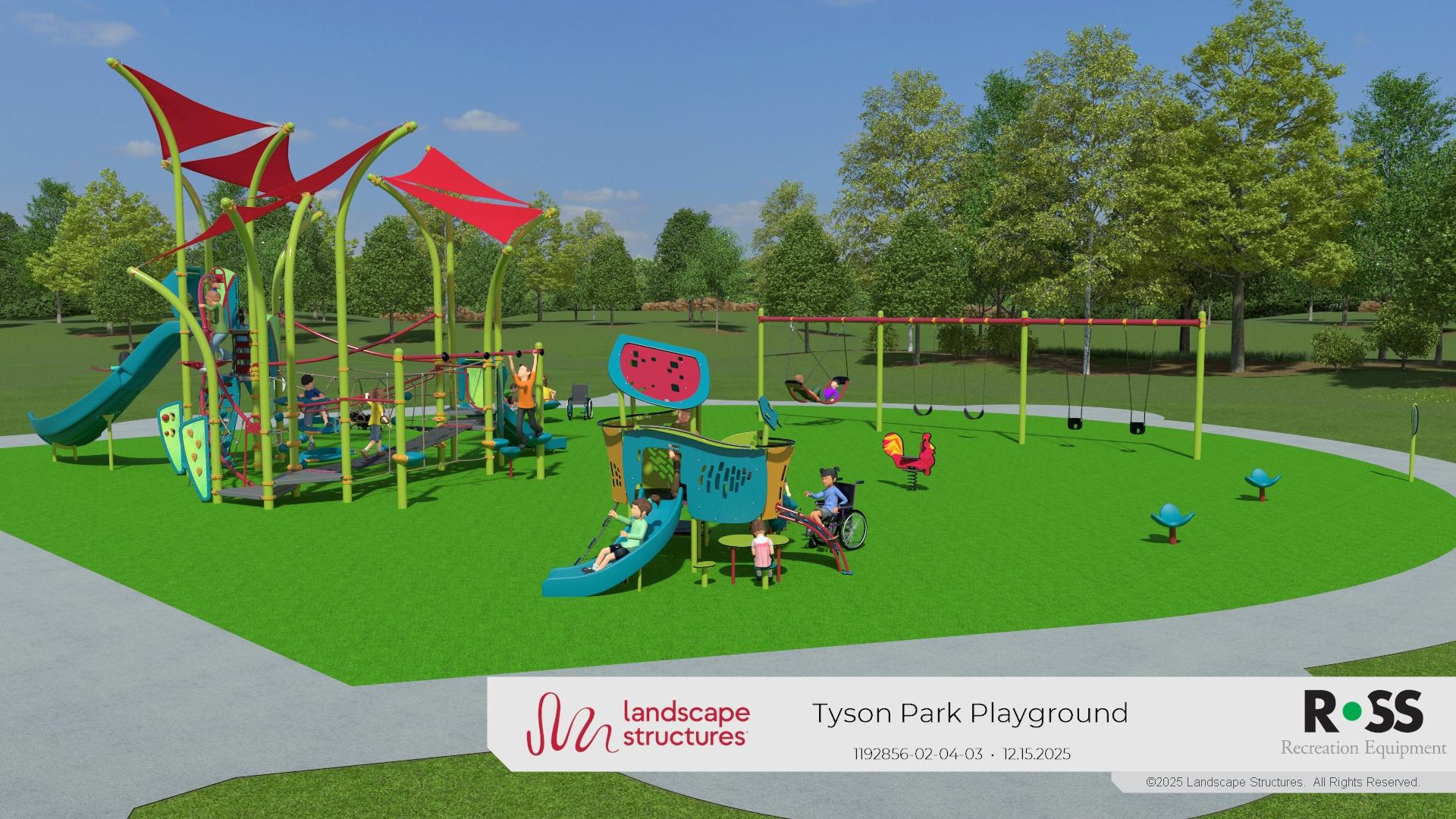 A digitally rendered image of a playground with a slide and other features.