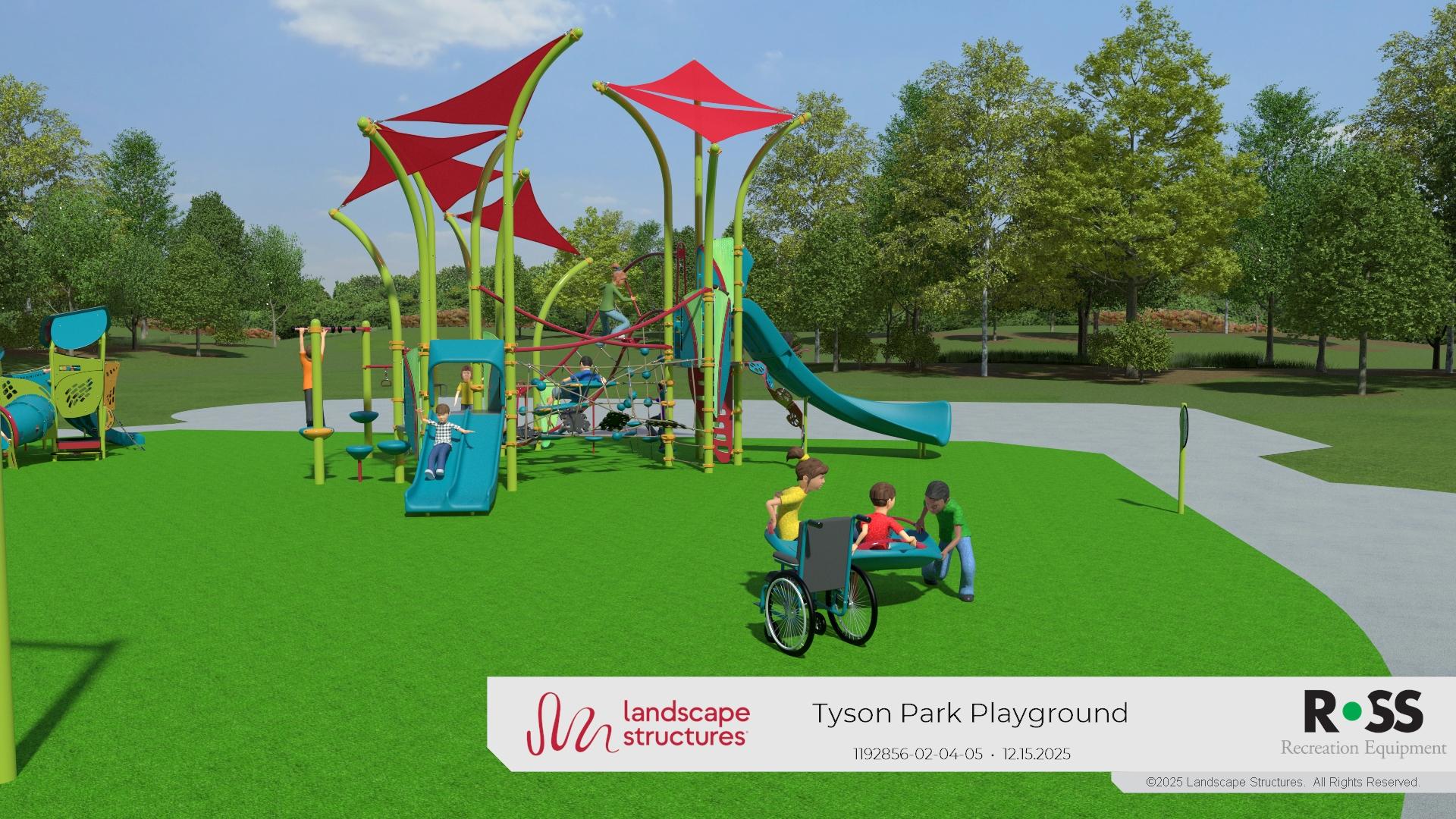 A digitally rendered image of a playground with a slide and other features.
