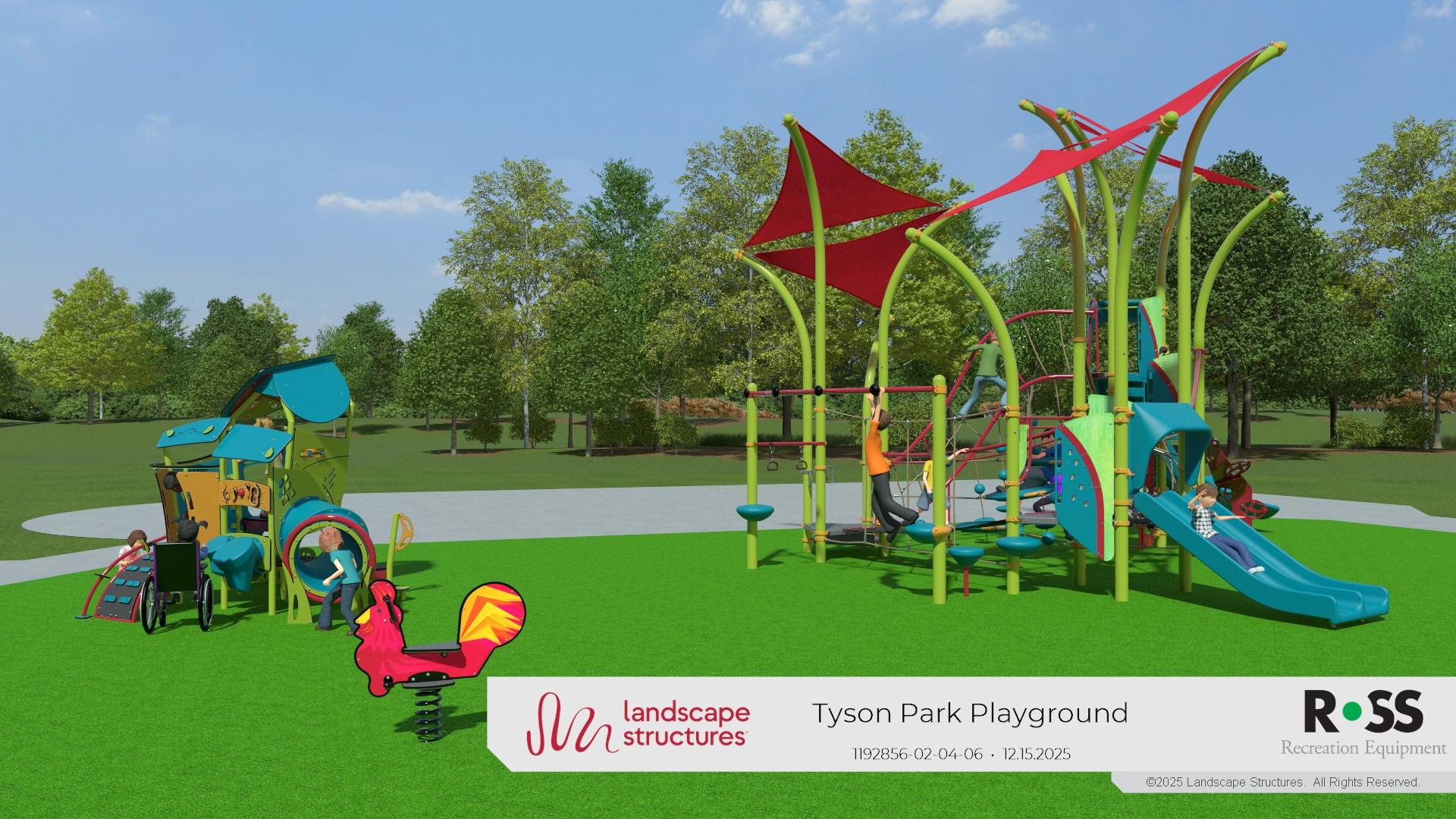 A digitally rendered image of a playground with a slide and other features.