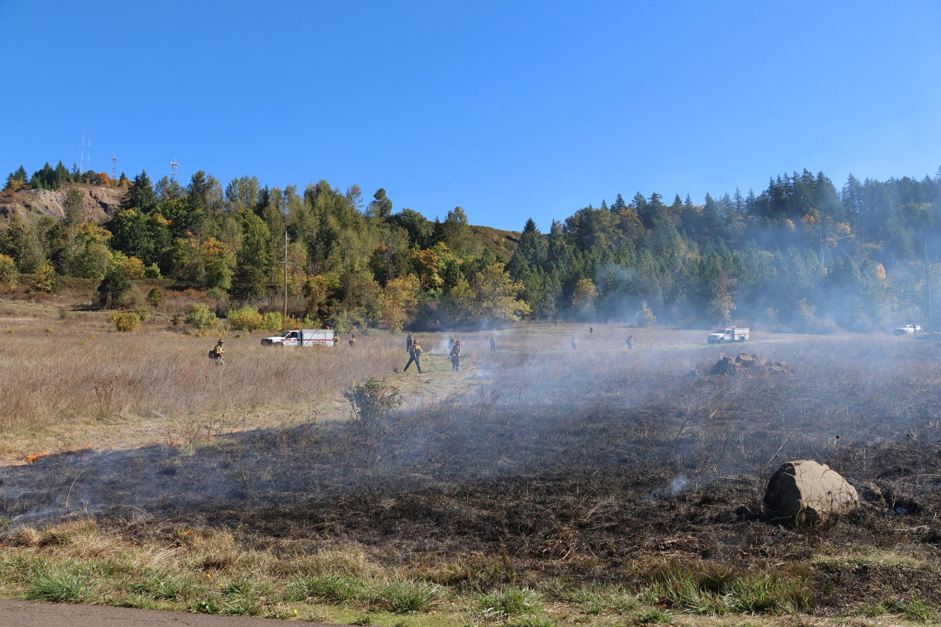 a clearly contained area of prairie that is still smoldering from an ecological burn