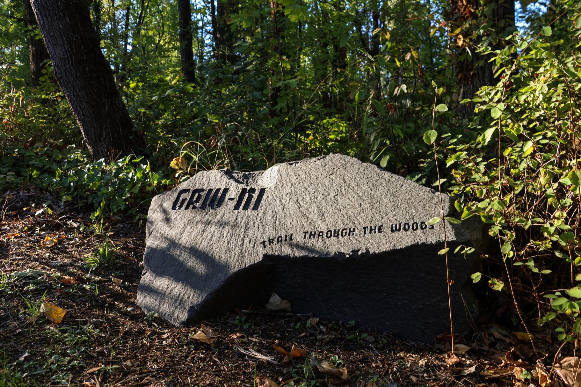 Talking stone labeled "Gaw-Ni: Trail Through The Woods"