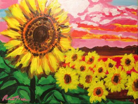 An acrylic painting of a sunflower field