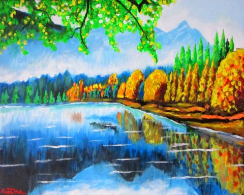A painted tree and lake scene.