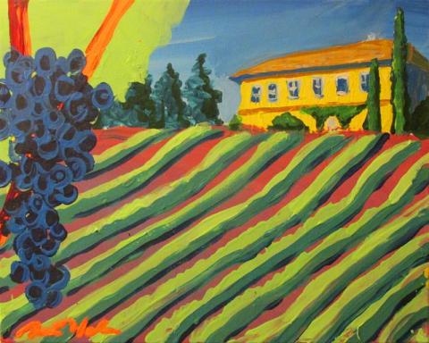 Hand-painted rolling hills with a bunch of grapes.