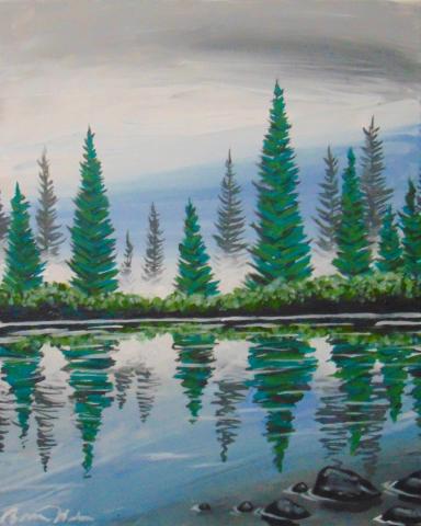 Painted trees reflect onto a lake's surface.