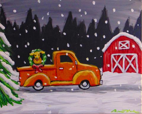 A painted red truck in a snowy field.