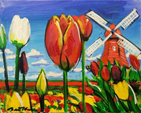 Painted scene of tulips and windmills.